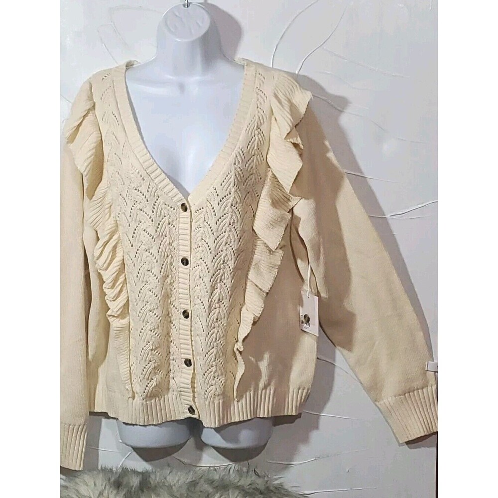 Lauren Conrad 2X Cream  Crochet Button Down Ruffled V-Neck Long Sleeve Cardigan